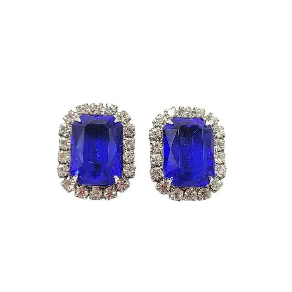 Large Silver Tone Blue Clear Rhinestone Clip Earrings Vintage 1"